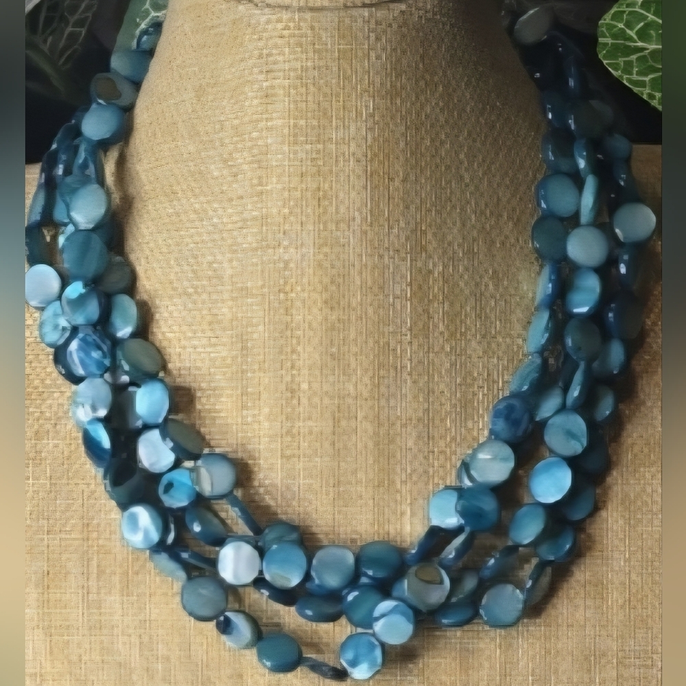 Multi-Strand Blue Coin Disc | Layered Mother of Pearl Statement Necklace